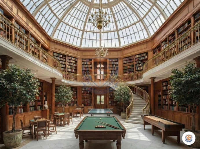 Spacious modern atrium with glass architecture inside the school building