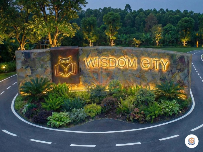 Beautifully lit school campus garden and fountain at night